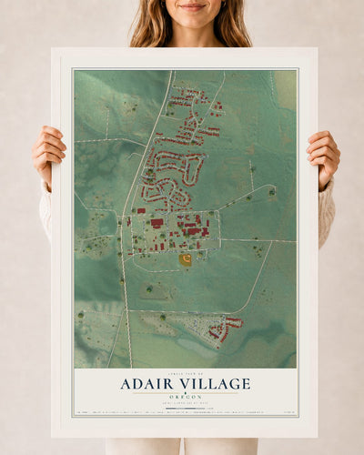 Map of Adair Village, Oregon, 24 x 36 inch print in a white wood frame