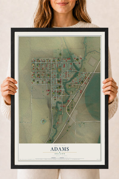 Map of Adams, Oregon, 18 x 24 inch print in a black wood frame