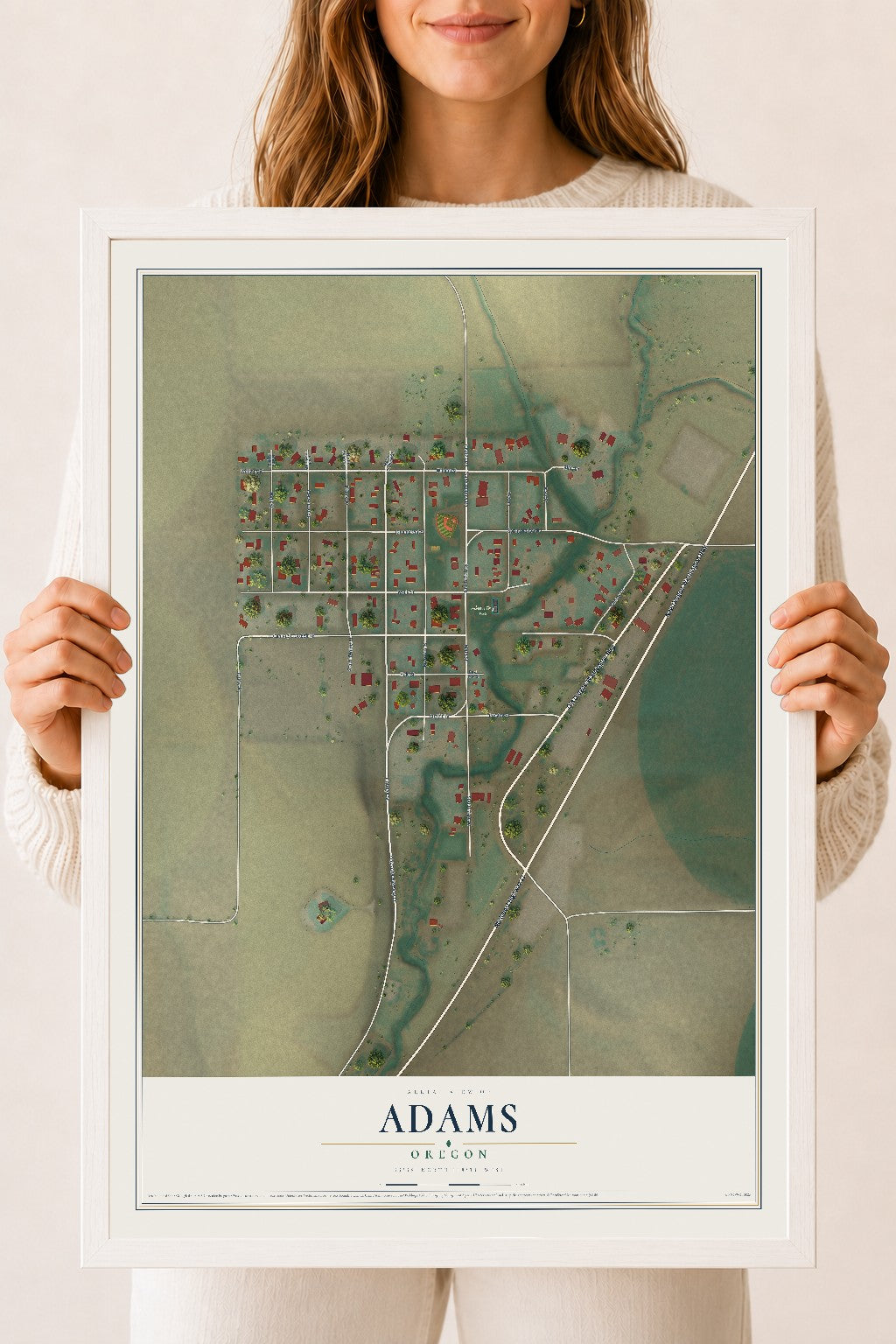 Map of Adams, Oregon, 18 x 24 inch print in a white wood frame