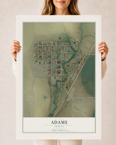 Map of Adams, Oregon, 24 x 36 inch print in a white wood frame
