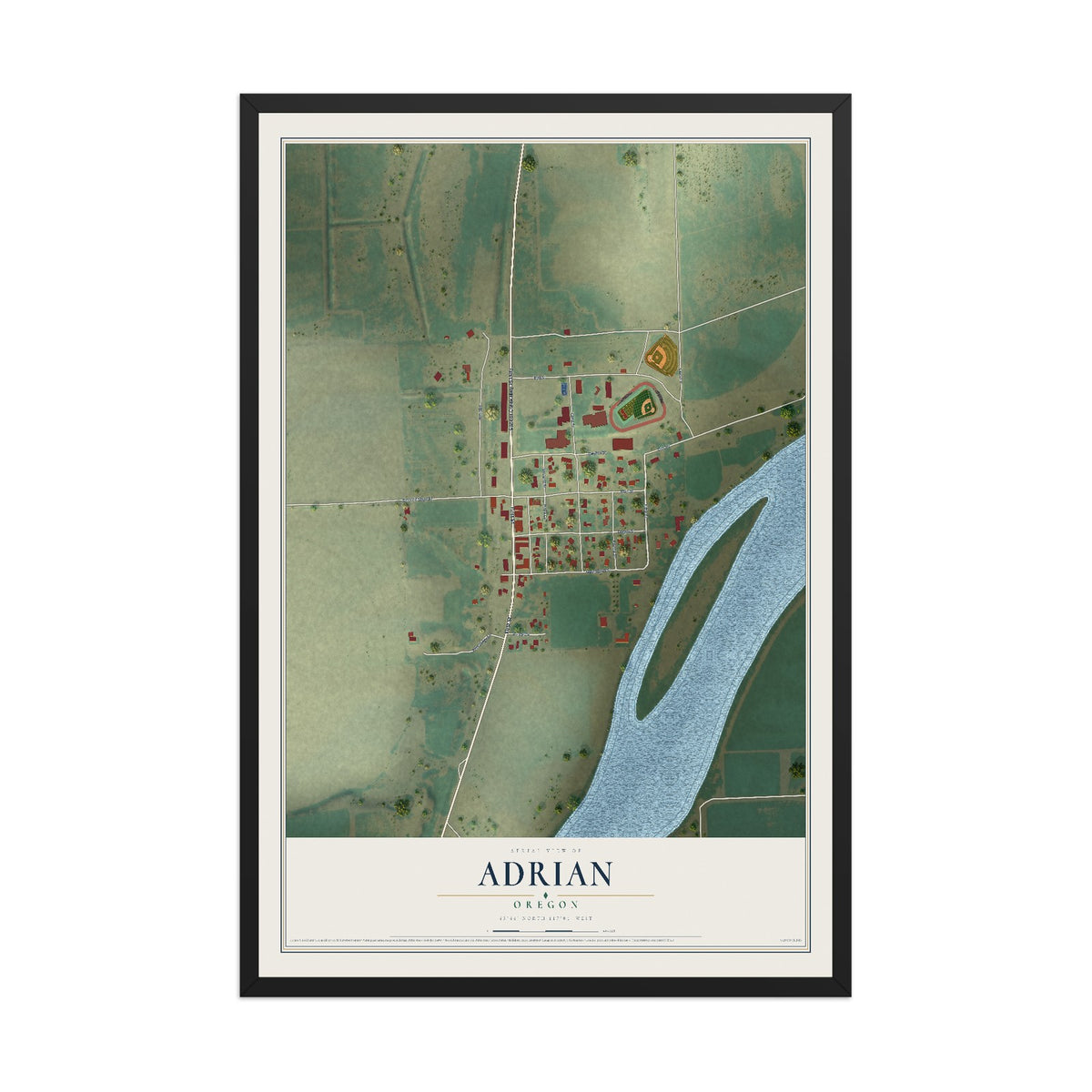 Map of Adrian, Oregon, 12 x 18 inch print in a black wood frame