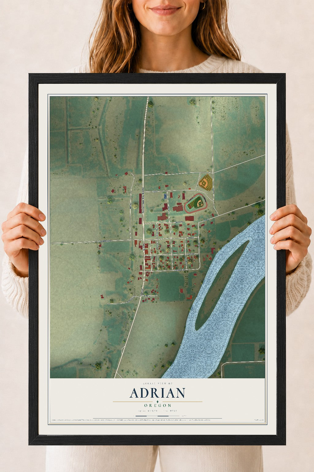 Map of Adrian, Oregon, 18 x 24 inch print in a black wood frame