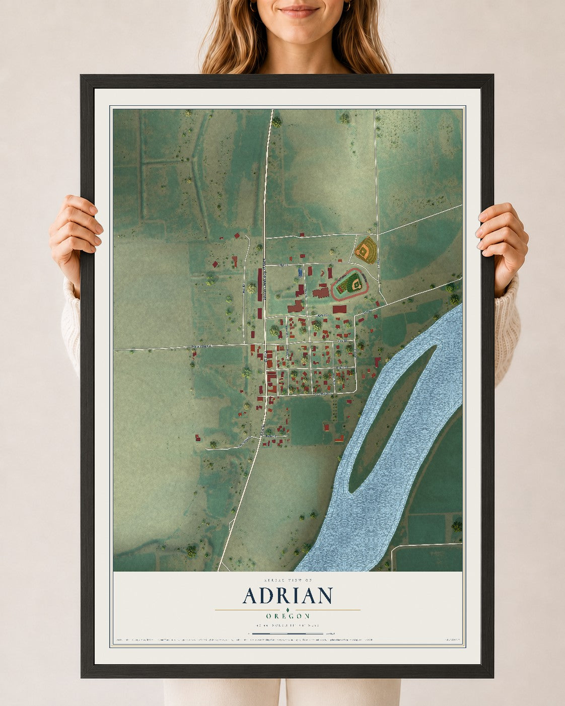 Map of Adrian, Oregon, 24 x 36 inch print in a black wood frame