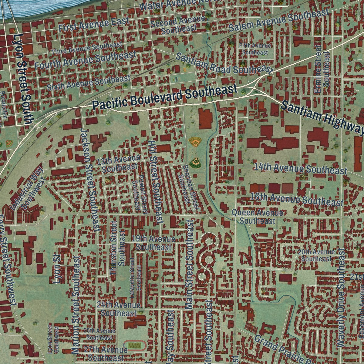 Close-up of the map of Albany, Oregon print showing street and building detail