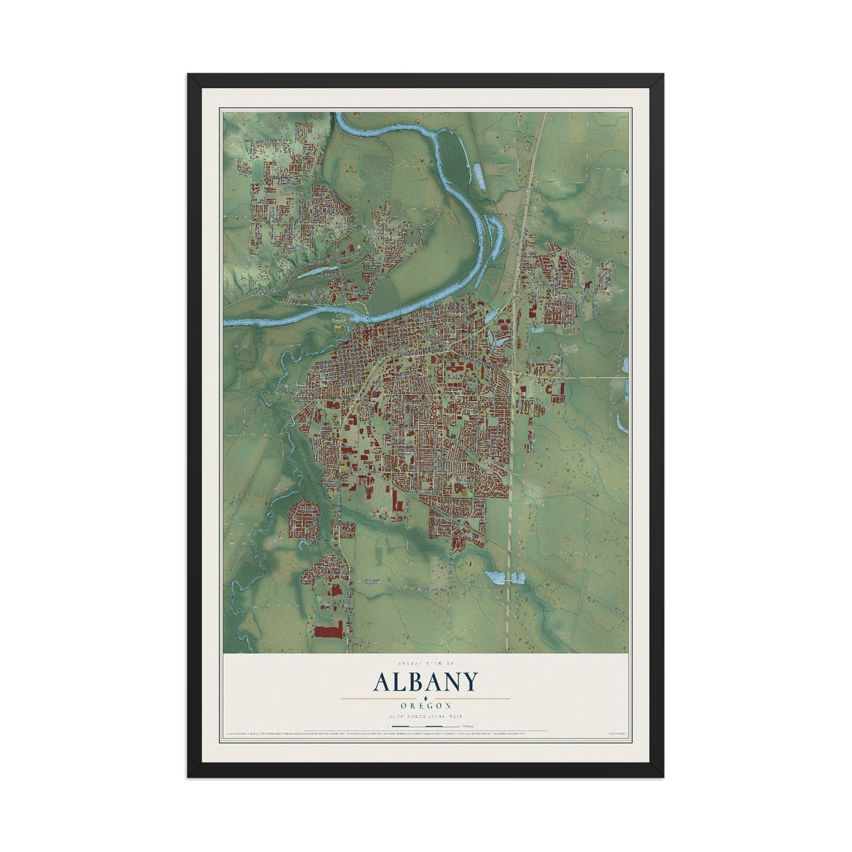 Map of Albany, Oregon, 12 x 18 inch print in a black wood frame