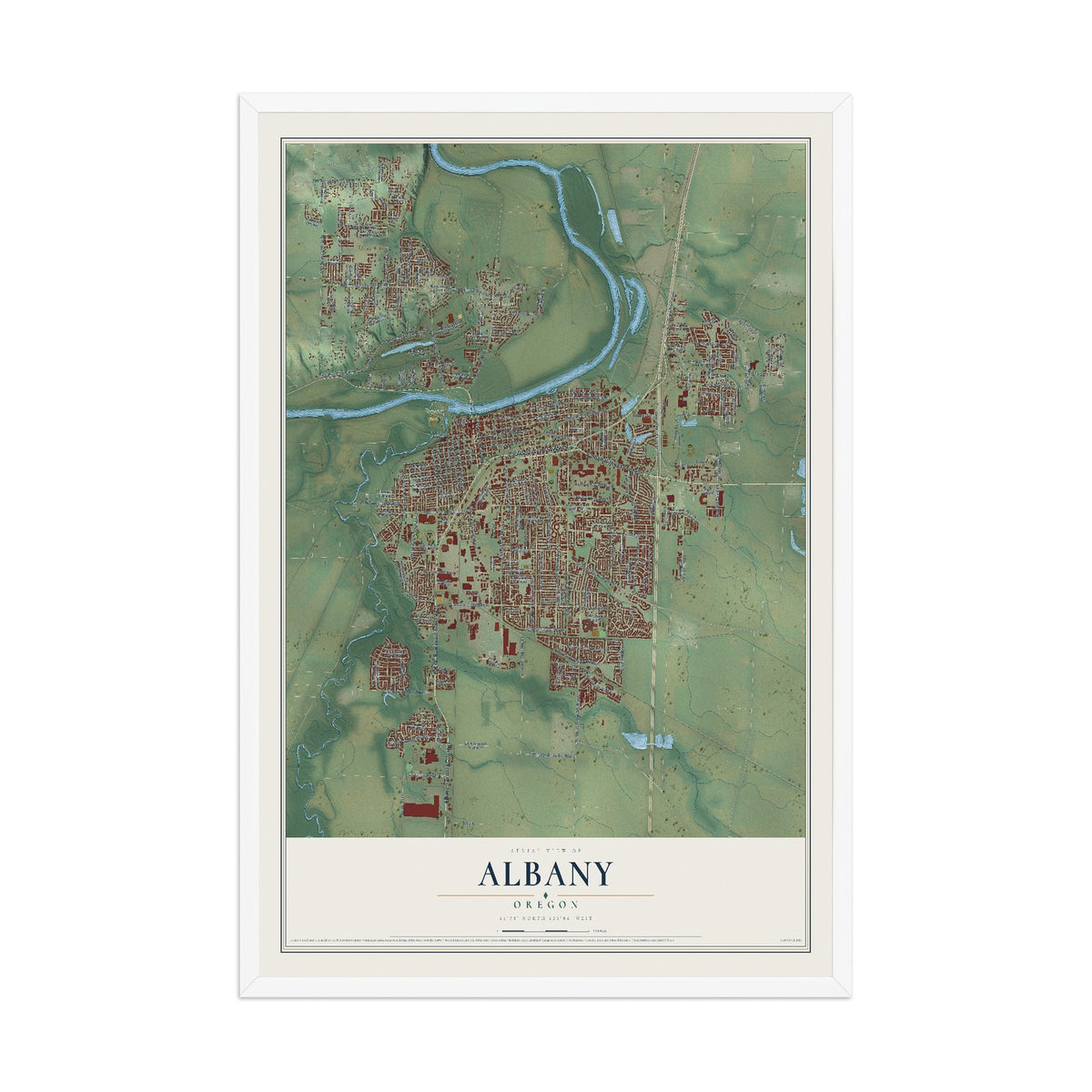 Map of Albany, Oregon, 12 x 18 inch print in a white wood frame