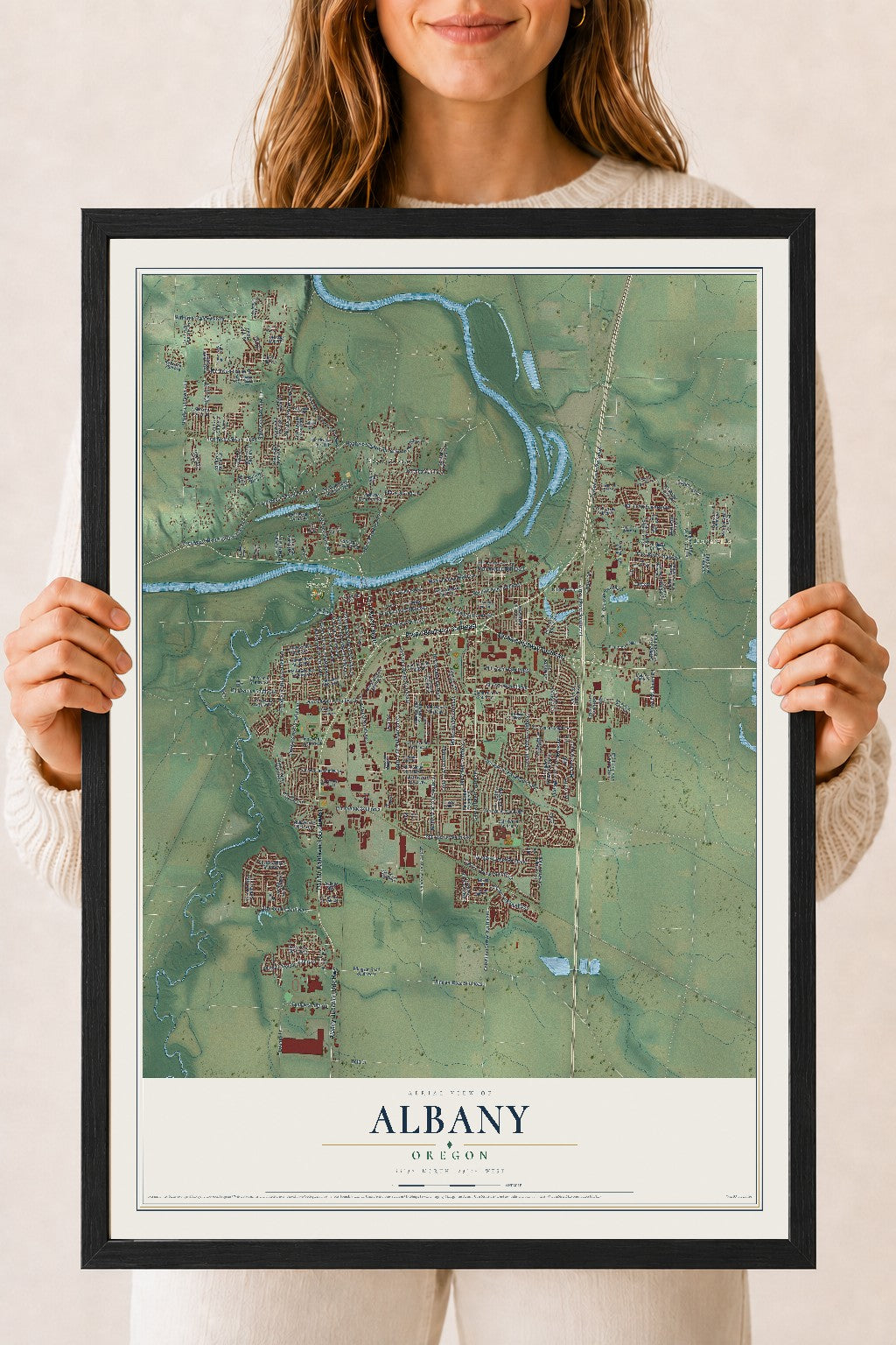 Map of Albany, Oregon, 18 x 24 inch print in a black wood frame