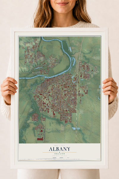 Map of Albany, Oregon, 18 x 24 inch print in a white wood frame