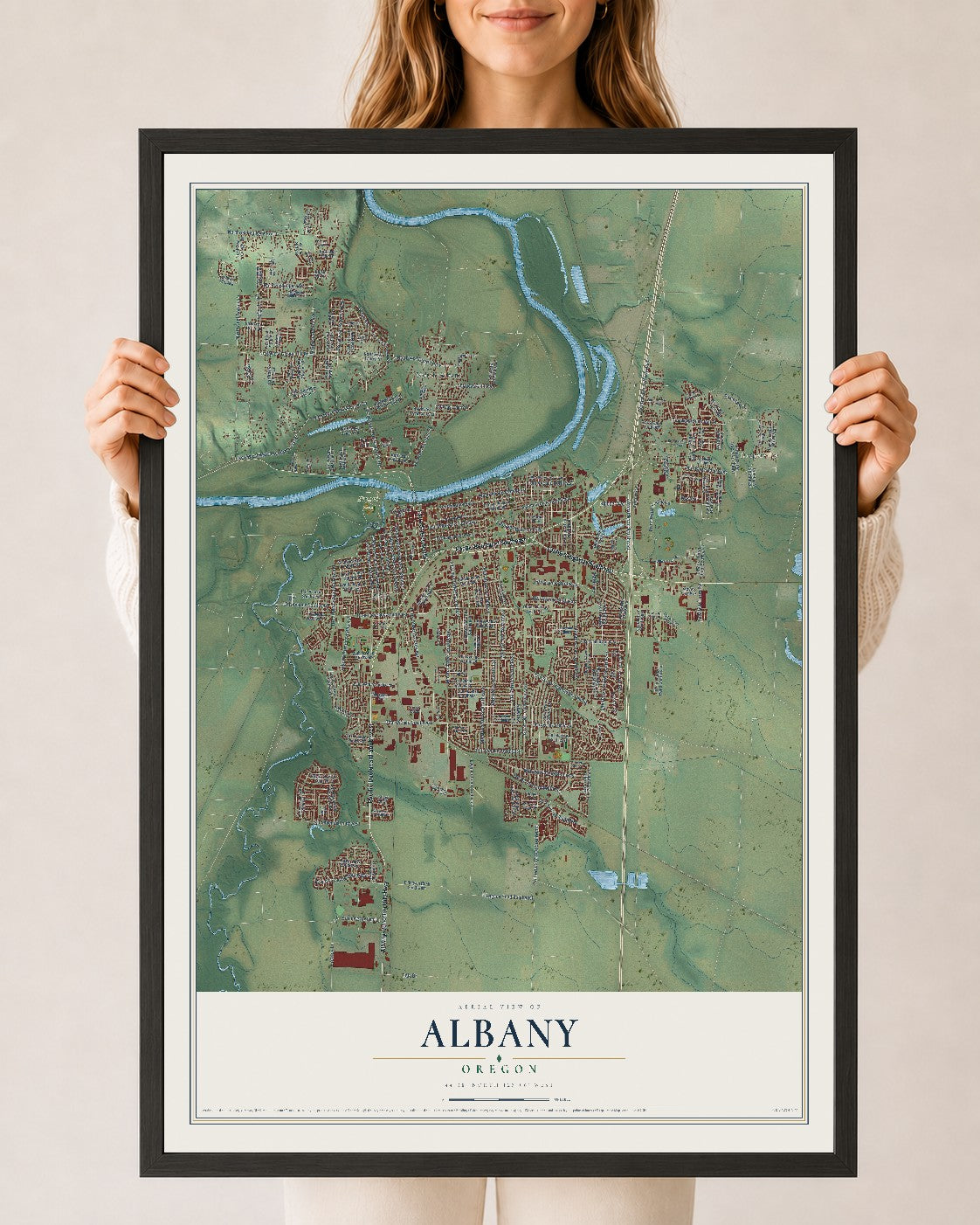 Map of Albany, Oregon, 24 x 36 inch print in a black wood frame
