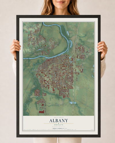 Map of Albany, Oregon, 24 x 36 inch print in a black wood frame