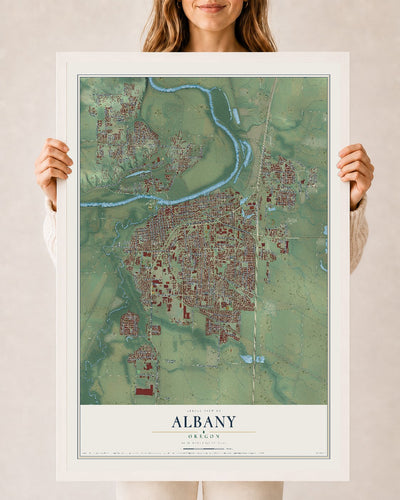 Map of Albany, Oregon, 24 x 36 inch print in a white wood frame
