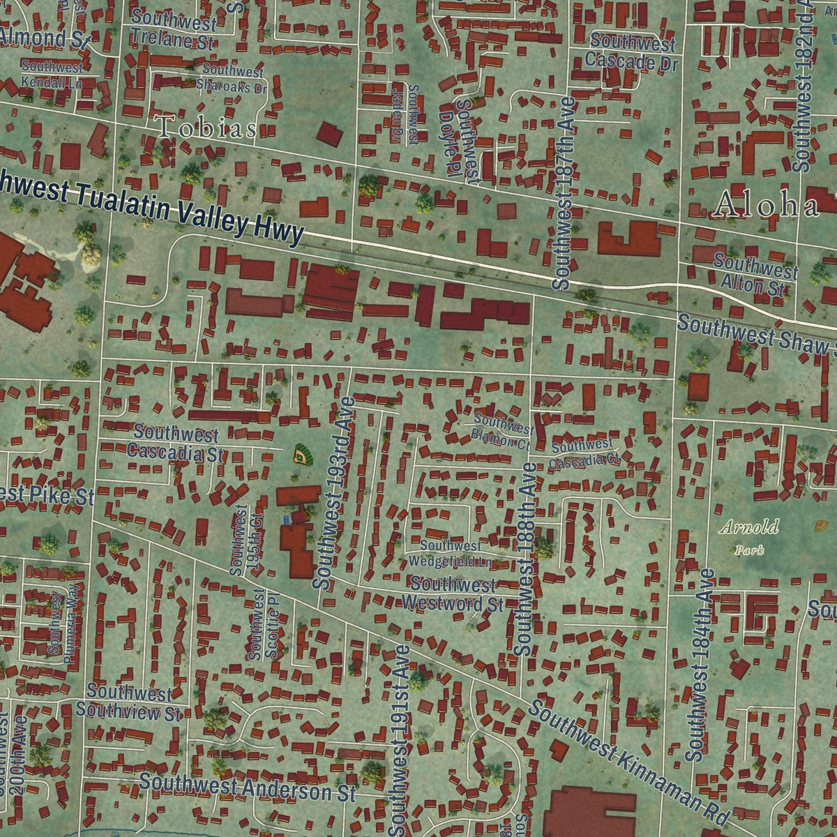 Close-up of the map of Aloha, Oregon print showing street and building detail