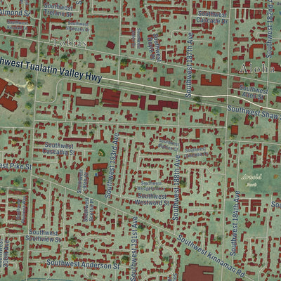 Close-up of the map of Aloha, Oregon print showing street and building detail