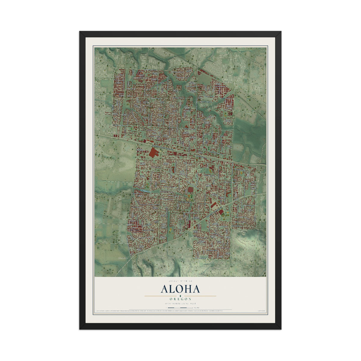 Map of Aloha, Oregon, 12 x 18 inch print in a black wood frame
