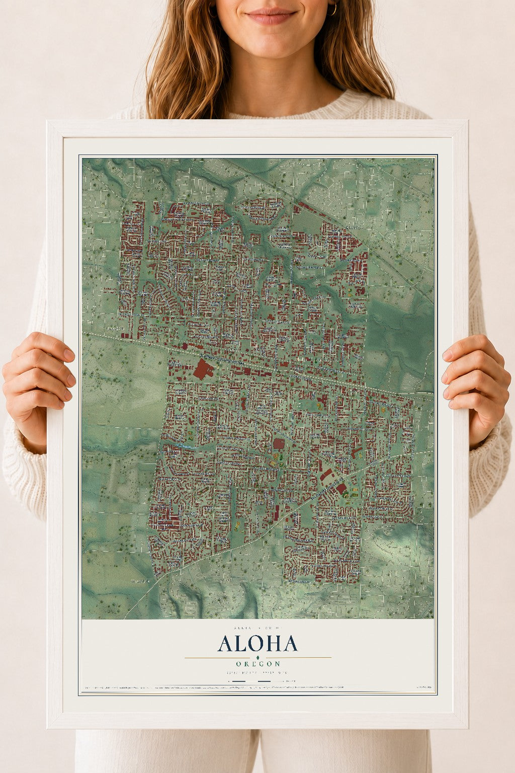 Map of Aloha, Oregon, 18 x 24 inch print in a white wood frame
