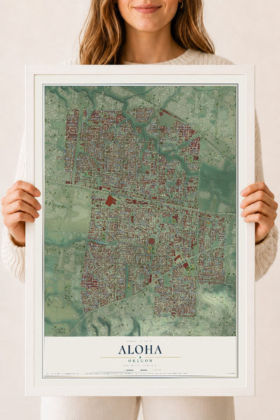 Map of Aloha, Oregon, 18 x 24 inch print in a white wood frame