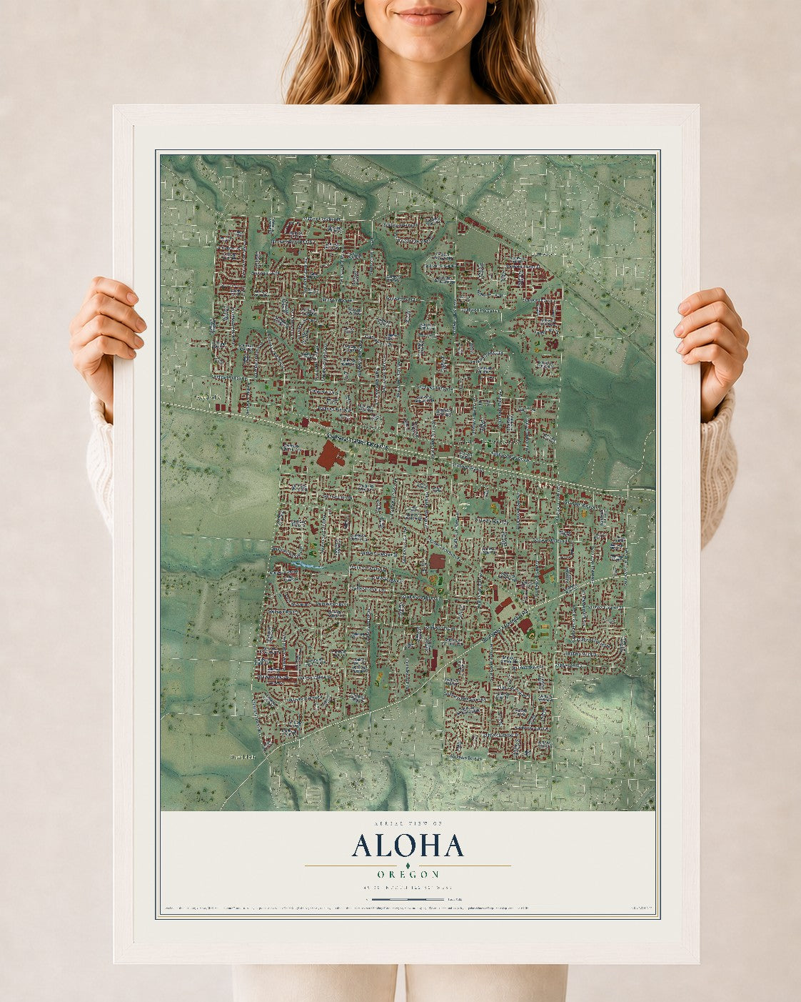 Map of Aloha, Oregon, 24 x 36 inch print in a white wood frame