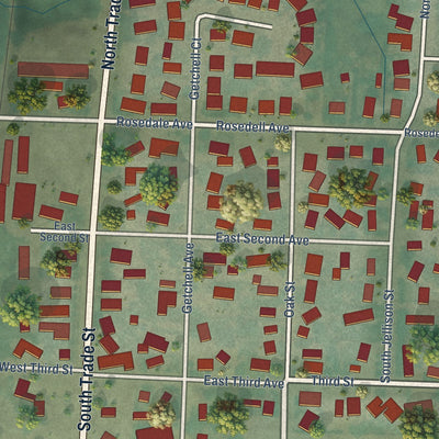 Close-up of the map of Amity, Oregon print showing street and building detail