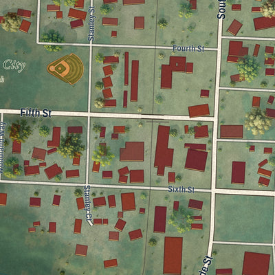 Second close-up of the map of Amity, Oregon print showing more streets and buildings
