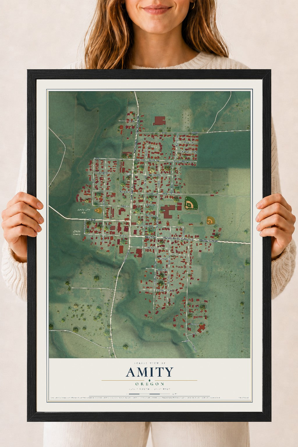Map of Amity, Oregon, 18 x 24 inch print in a black wood frame