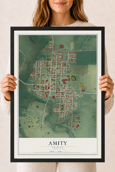Map of Amity, Oregon, 18 x 24 inch print in a black wood frame