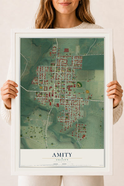 Map of Amity, Oregon, 18 x 24 inch print in a white wood frame