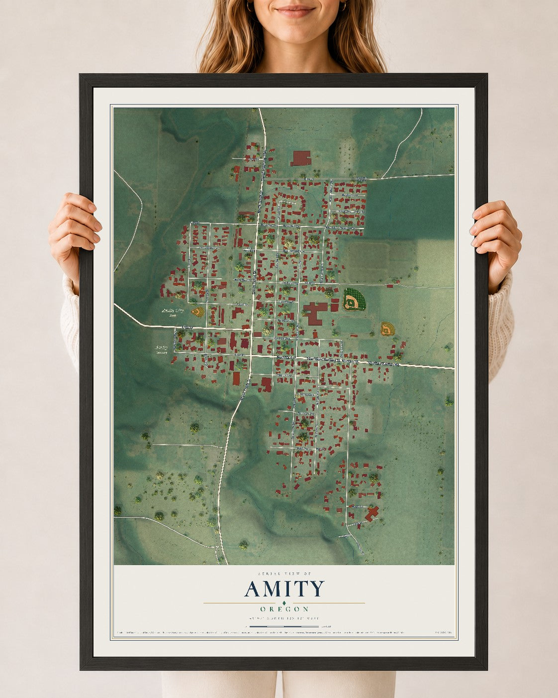 Map of Amity, Oregon, 24 x 36 inch print in a black wood frame