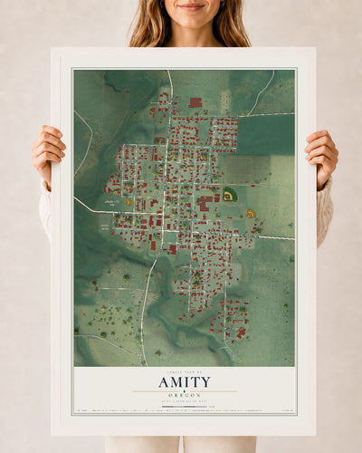 Map of Amity, Oregon, 24 x 36 inch print in a white wood frame