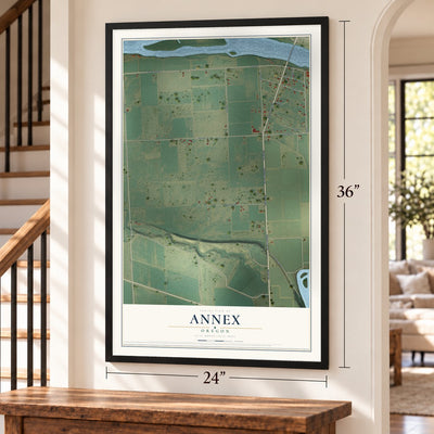 Annex, Oregon map, 24 x 36 inch print in a black frame by a staircase