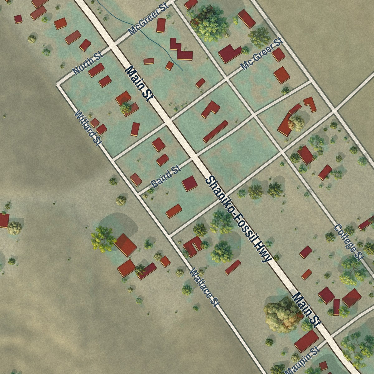 Close-up of the map of Antelope, Oregon print showing street and building detail