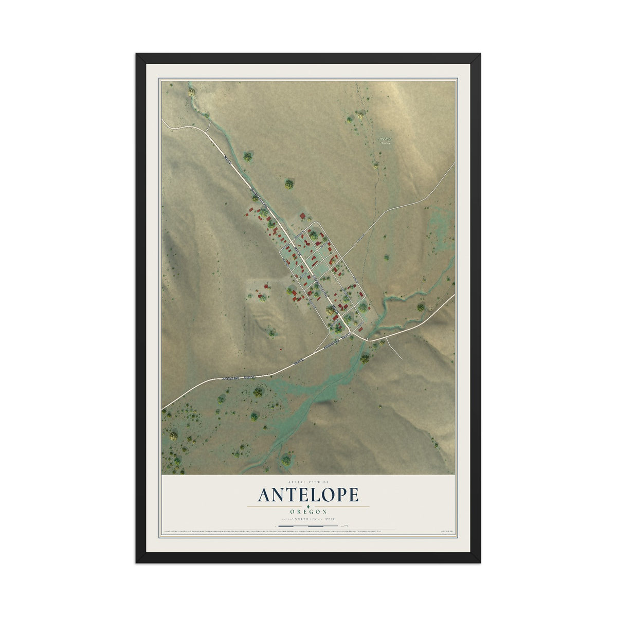 Map of Antelope, Oregon, 12 x 18 inch print in a black wood frame