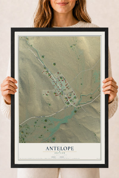 Map of Antelope, Oregon, 18 x 24 inch print in a black wood frame