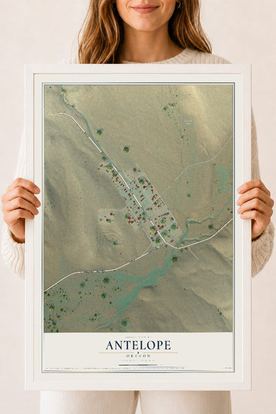 Map of Antelope, Oregon, 18 x 24 inch print in a white wood frame