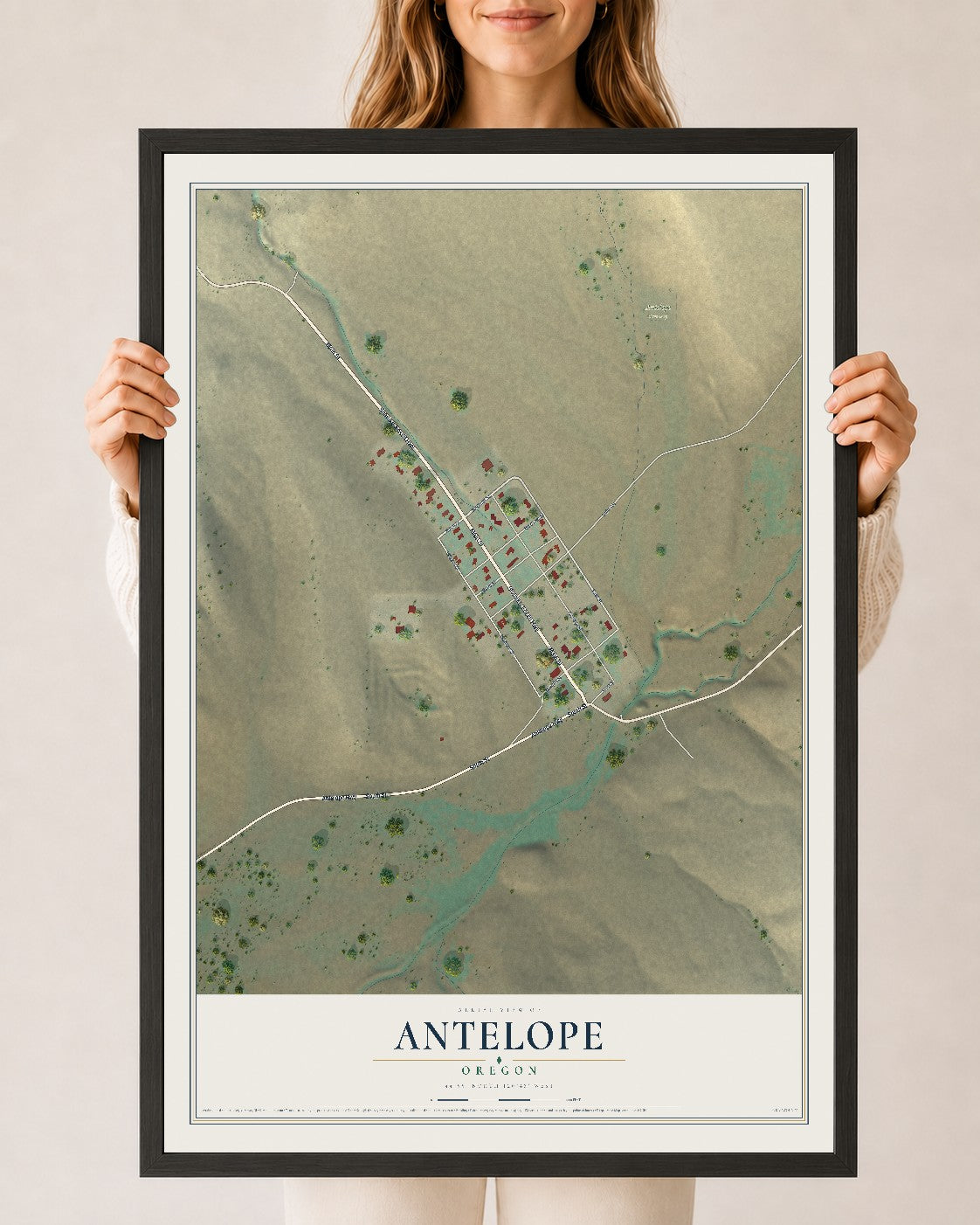 Map of Antelope, Oregon, 24 x 36 inch print in a black wood frame