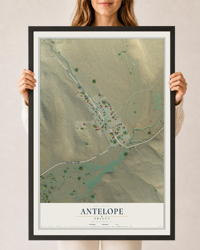 Map of Antelope, Oregon, 24 x 36 inch print in a black wood frame