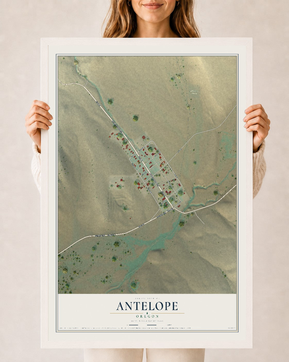 Map of Antelope, Oregon, 24 x 36 inch print in a white wood frame