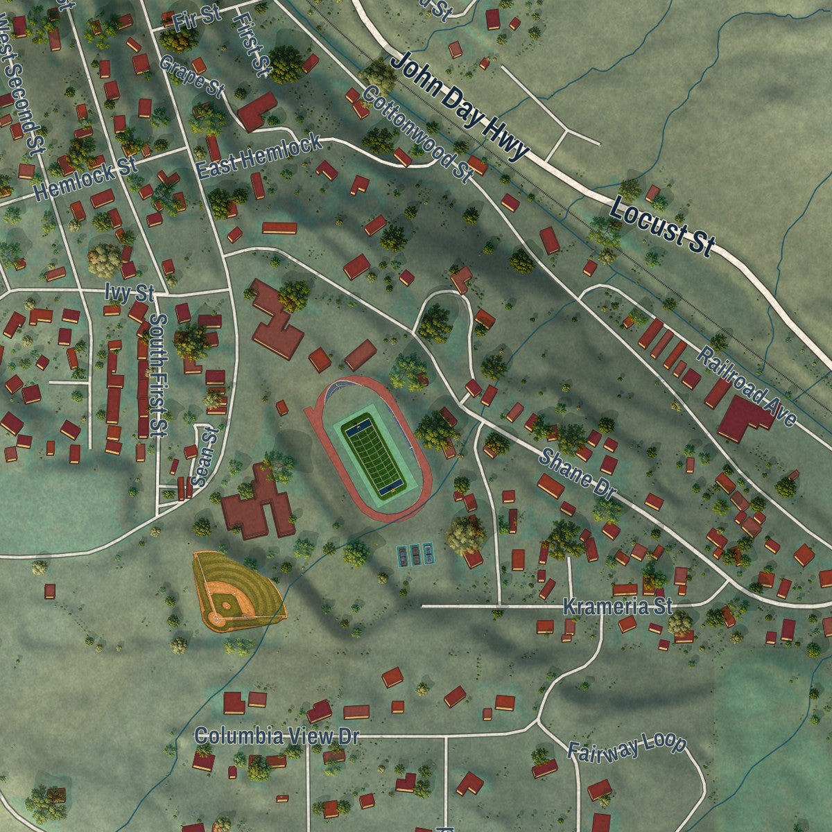 Second close-up of the map of Arlington, Oregon print showing more streets and buildings