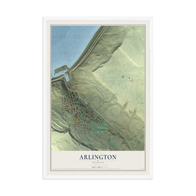 Map of Arlington, Oregon, 12 x 18 inch print in a white wood frame