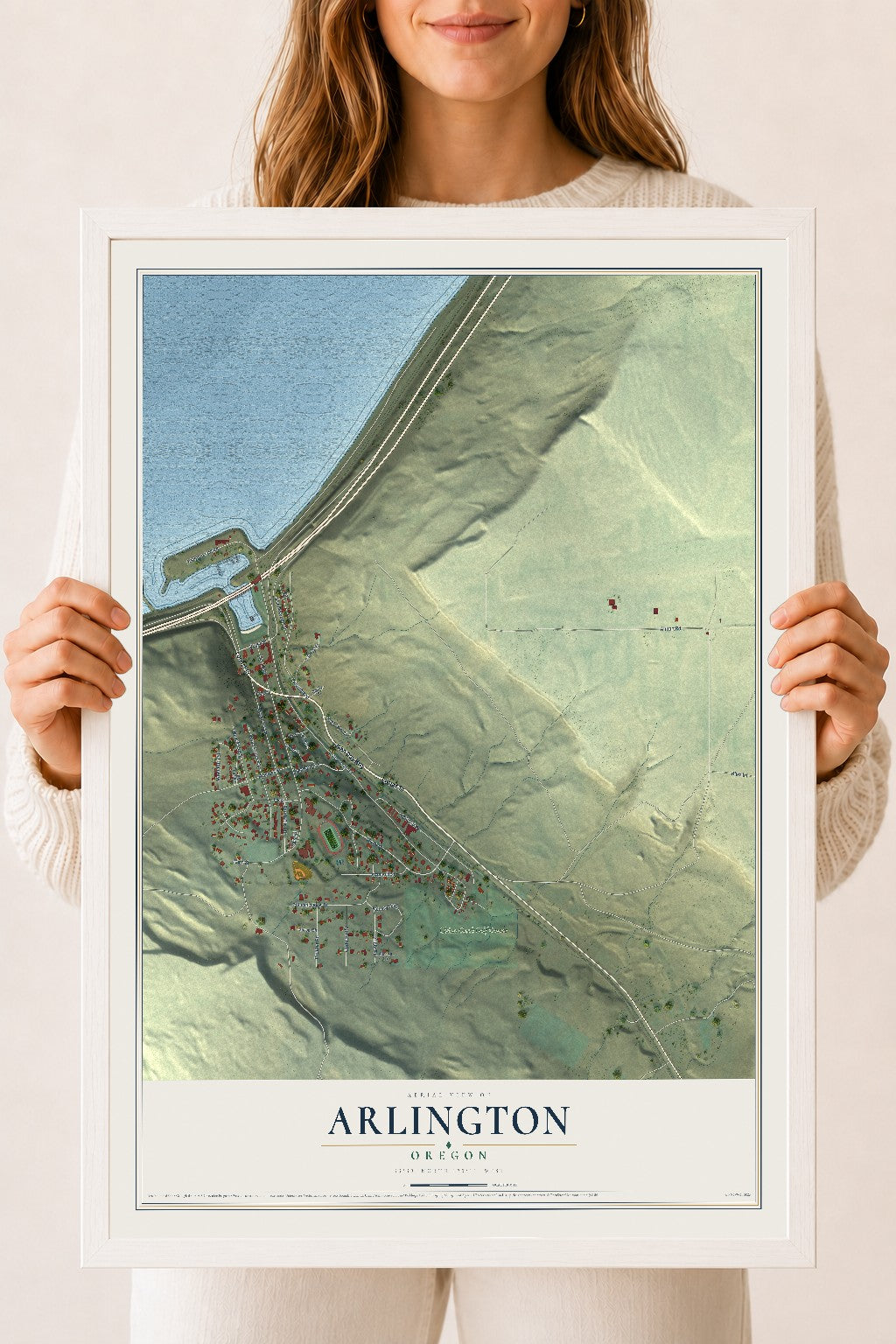 Map of Arlington, Oregon, 18 x 24 inch print in a white wood frame
