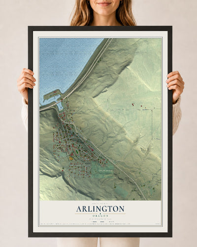 Map of Arlington, Oregon, 24 x 36 inch print in a black wood frame