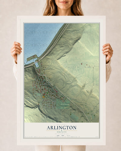 Map of Arlington, Oregon, 24 x 36 inch print in a white wood frame