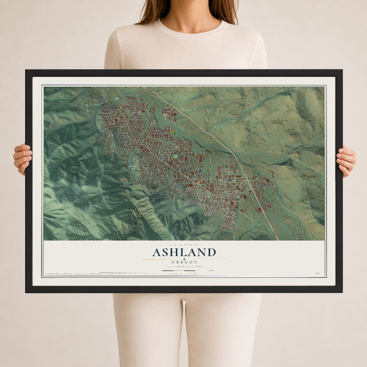 Map of Ashland, Oregon, 24 x 36 inch print in a black wood frame