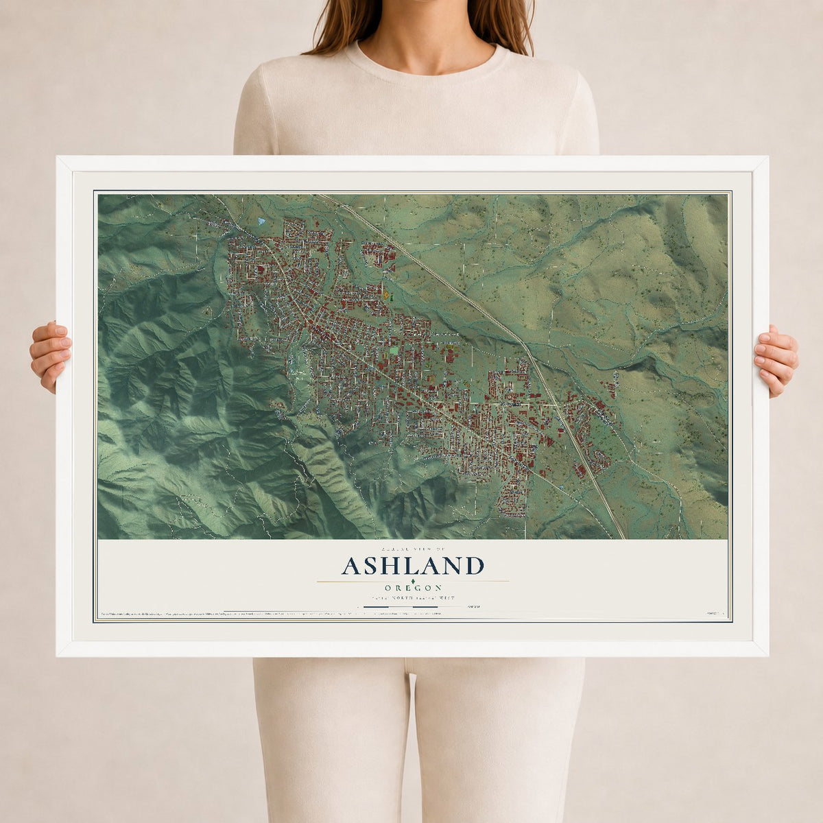 Map of Ashland, Oregon, 24 x 36 inch print in a white wood frame