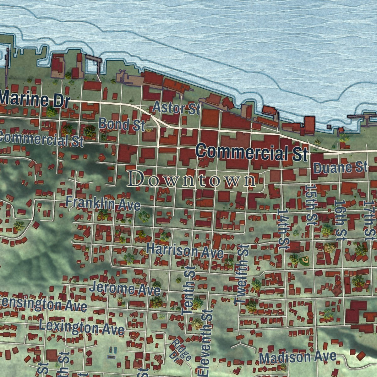 Close-up of the map of Astoria, Oregon print showing street and building detail