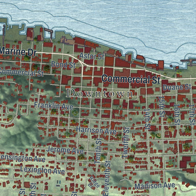 Close-up of the map of Astoria, Oregon print showing street and building detail