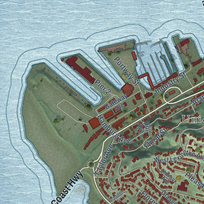 Second close-up of the map of Astoria, Oregon print showing more streets and buildings