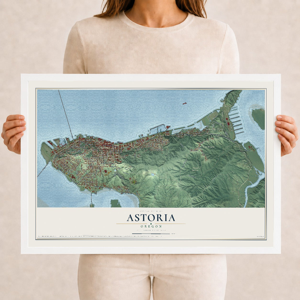 Map of Astoria, Oregon, 12 x 18 inch print in a white wood frame