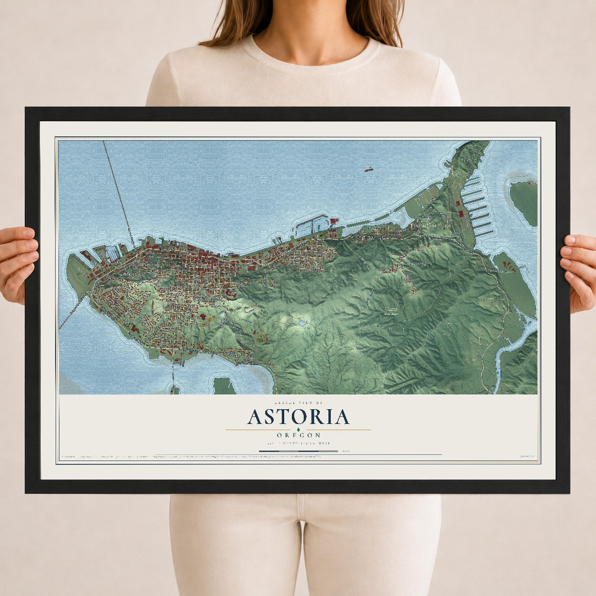 Map of Astoria, Oregon, 18 x 24 inch print in a black wood frame