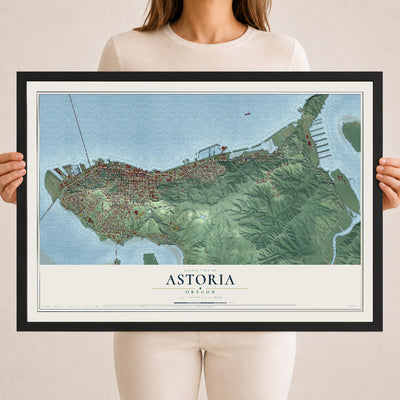 Map of Astoria, Oregon, 18 x 24 inch print in a black wood frame