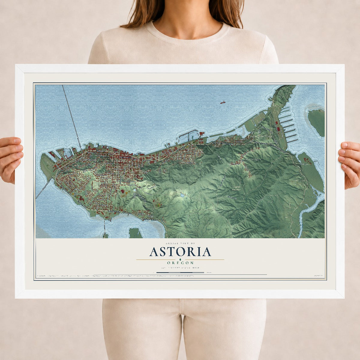 Map of Astoria, Oregon, 18 x 24 inch print in a white wood frame